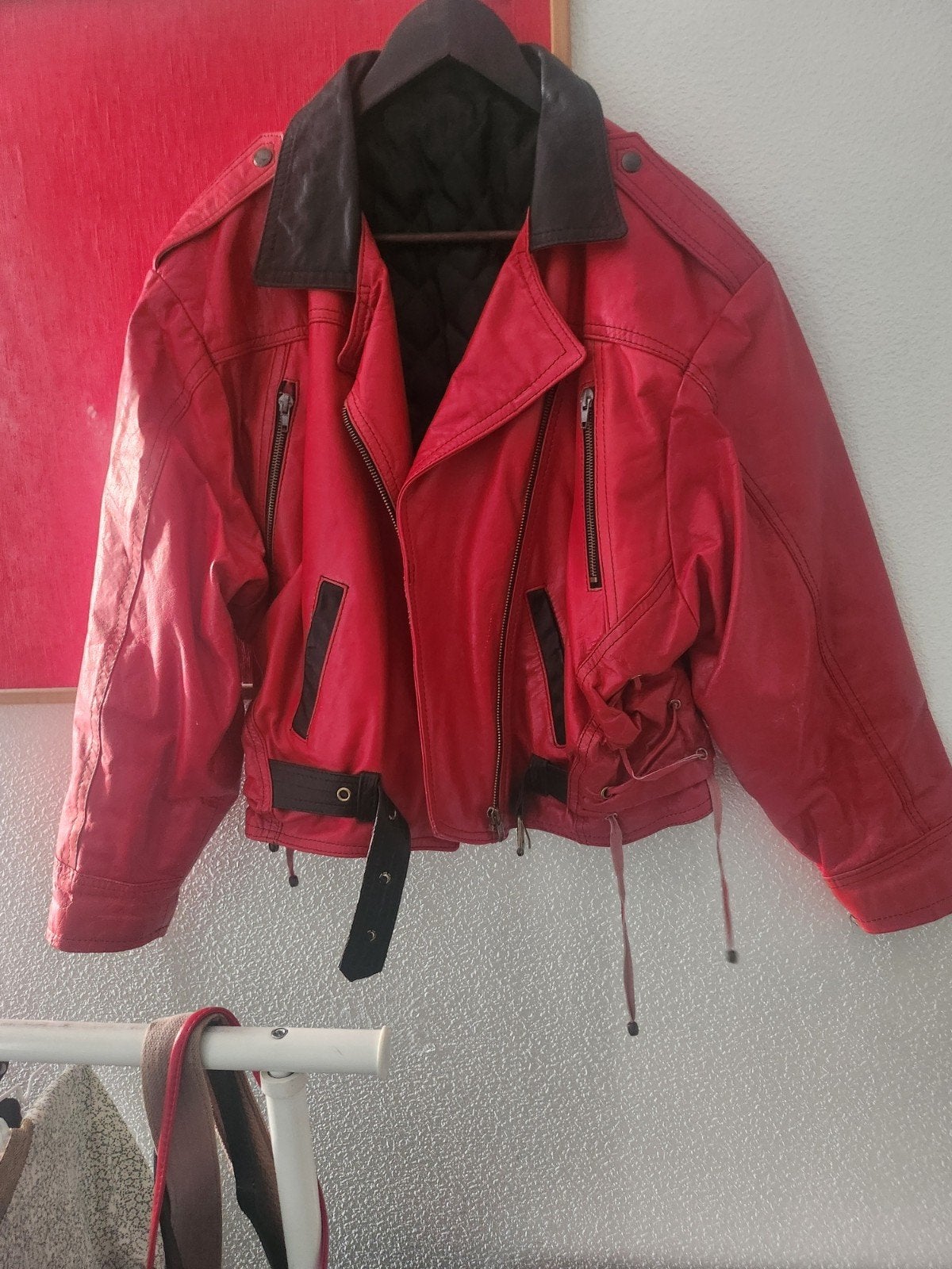 Vintage rood leren bikerjack - Maat M, Maat 38/40 (M), Ophalen of Verzenden, Rood, Onbekend