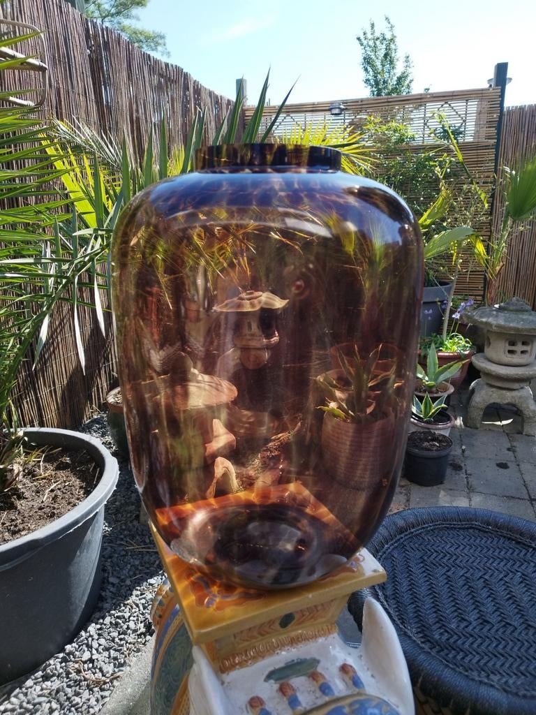 Grote amberkleurige glazen vaas met schildpadpatroon, Ophalen of Verzenden