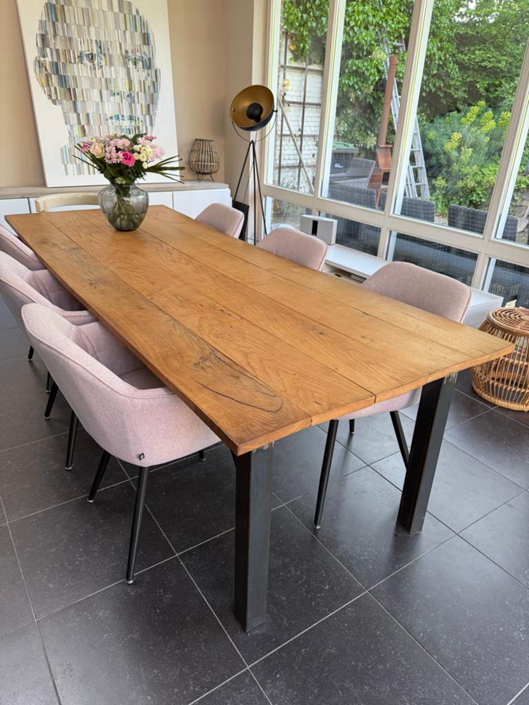 Stijgerhouten eettafel met stalen poten (250x98 cm), Gebruikt, 200 cm of meer, Vijf personen of meer, Rechthoekig