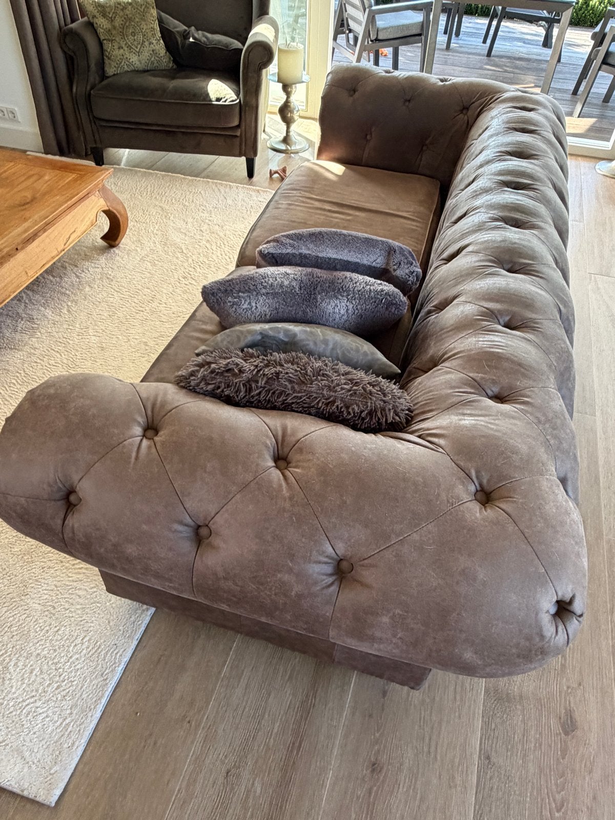 Chesterfield bank en fauteuil taupe, Ophalen, Gebruikt, Driepersoons, 75 tot 100 cm