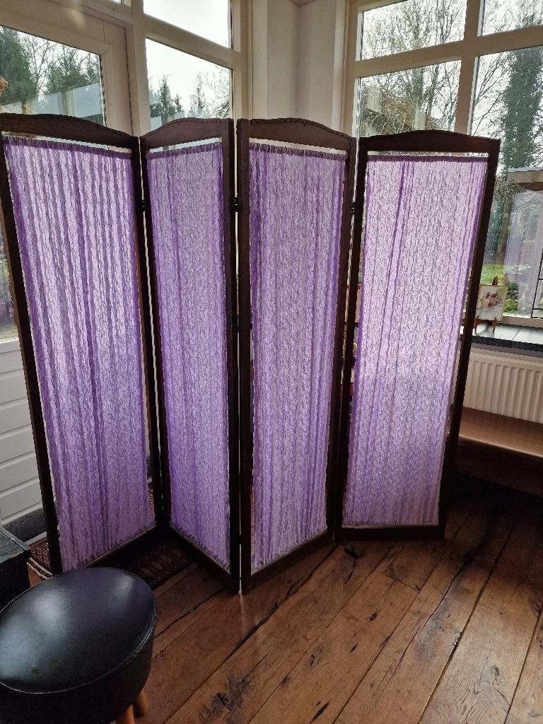Vintage 4_delig kamerscherm. Eiken frame met lila stof., Huis en Inrichting, Ophalen of Verzenden, Gebruikt