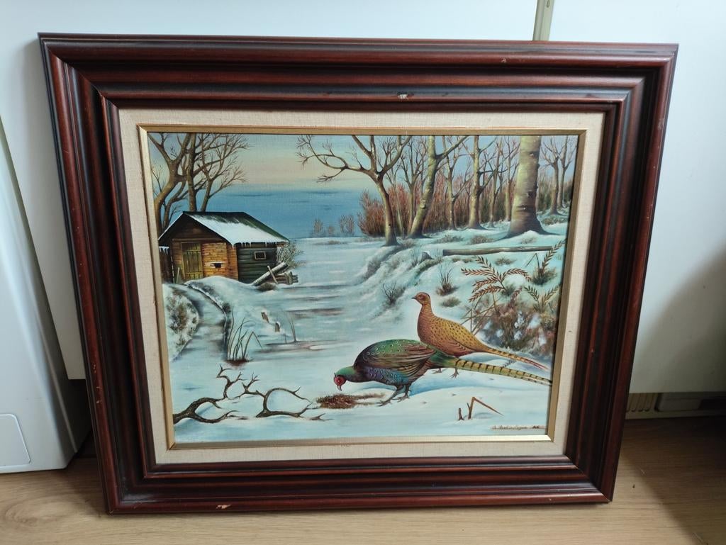 Schilderij met fazanten in de sneeuw, gesigneerd, Antiek en Kunst, Kunst | Schilderijen | Klassiek, Ophalen
