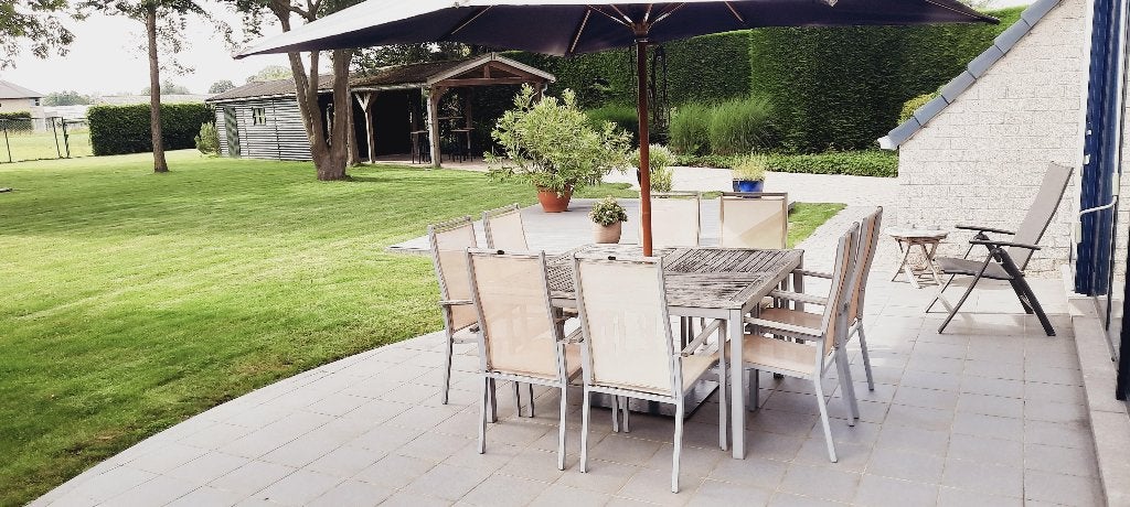 Tuinset met parasol, Tuin en Terras, Tuinsets en Loungesets, Ophalen, Gebruikt, Teakhout