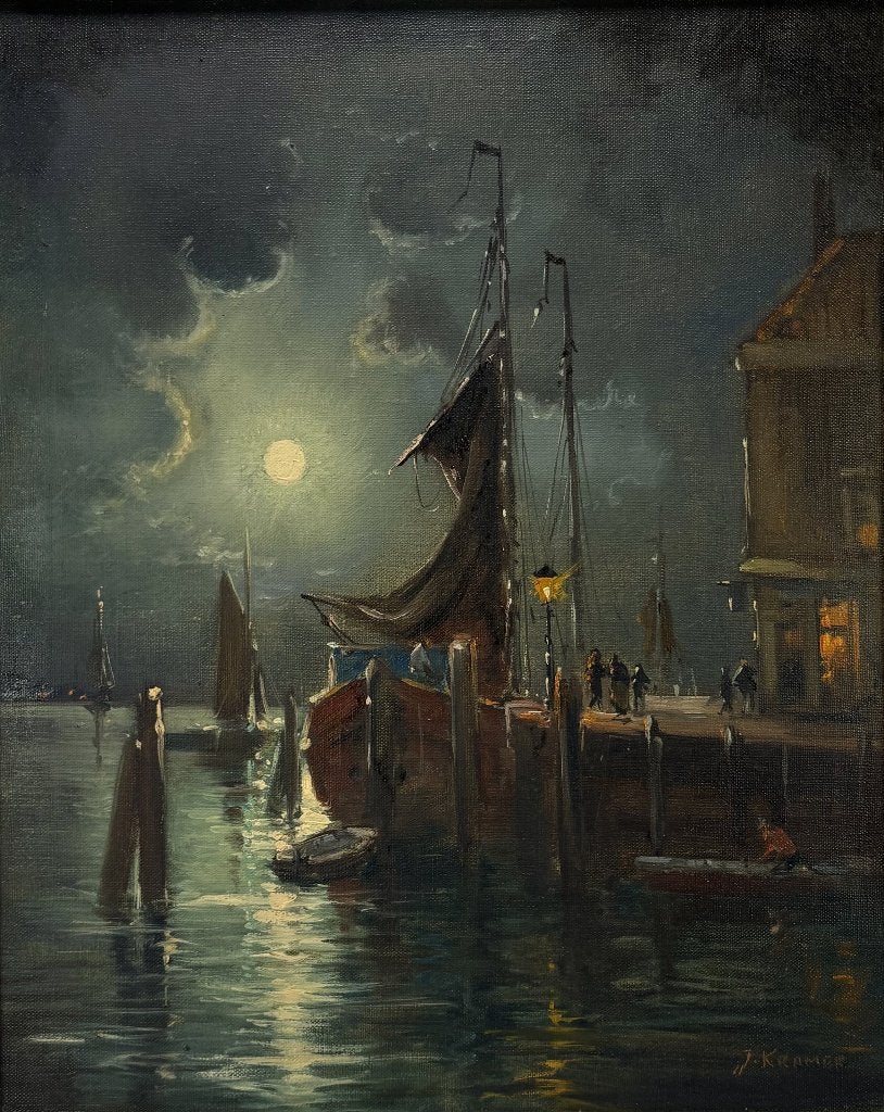 259. Olieverfschilderij, J. Kramer – nachtelijk havengezicht, Antiek en Kunst, Kunst | Schilderijen | Klassiek, Ophalen