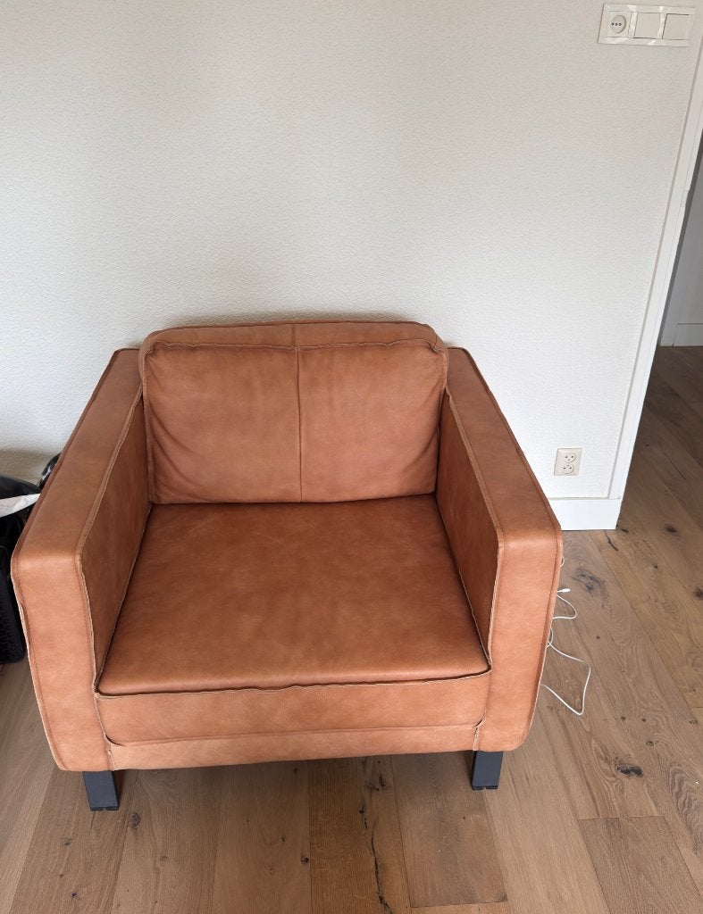 2 leren fauteuils van Het Anker – Africa leer Walnut, Ophalen, Gebruikt, 50 tot 75 cm, Leer