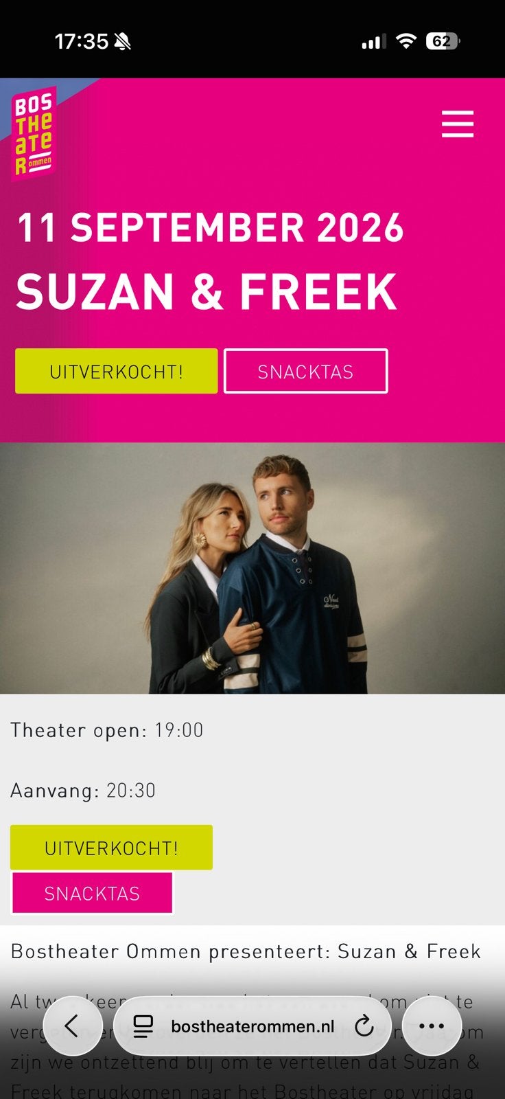 Gezocht: 2 kaarten Suzan & Freek Bostheater Ommen, Tickets en Kaartjes, Twee personen, September, Pop