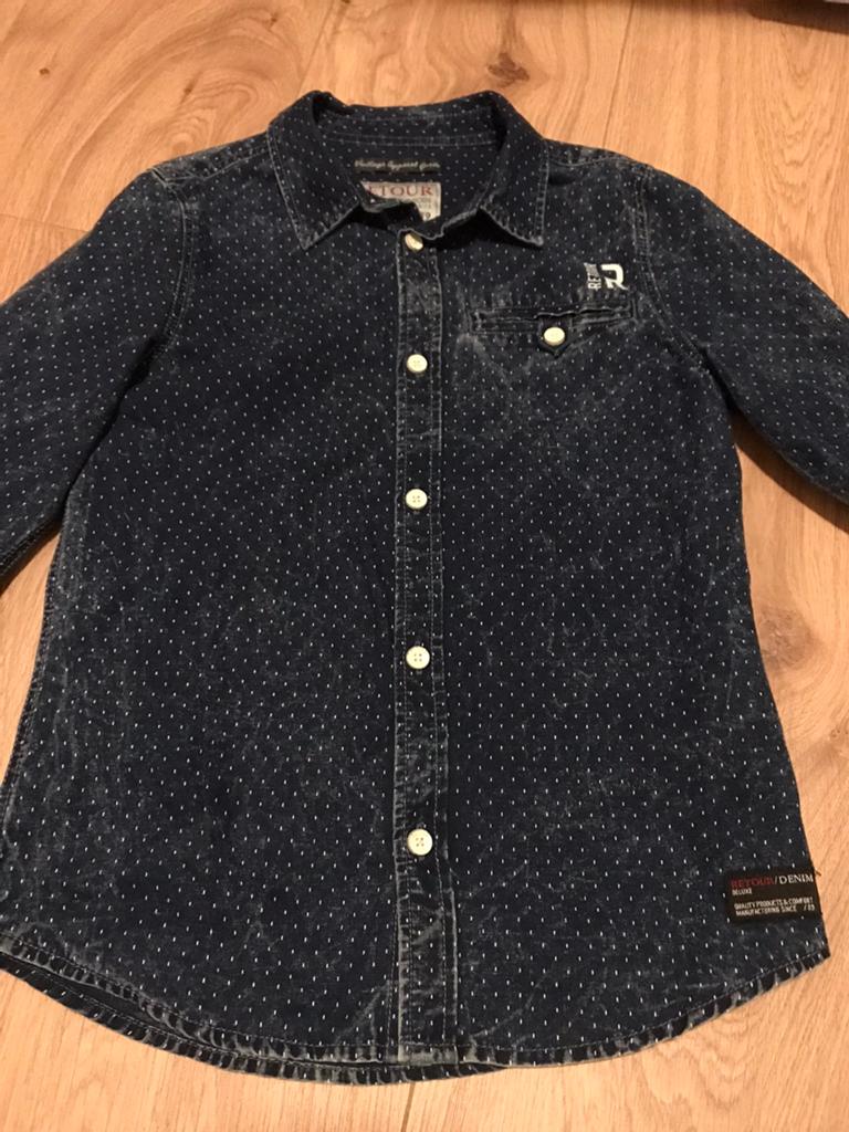 Retour, blauwe spijkerblouse, maat 128, Ophalen of Verzenden, Zo goed als nieuw, Jongen, Overhemd of Blouse