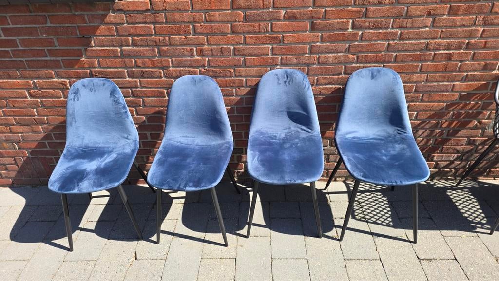 4 Blauwe eetkamerstoelen met stoffen zitting, Huis en Inrichting, Stoelen, Ophalen, Gebruikt, Blauw, Vier