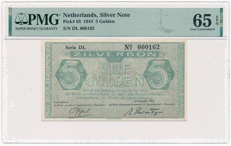 Nederland 5 Gulden Zilverbon 1944 PMG 65 EPQ