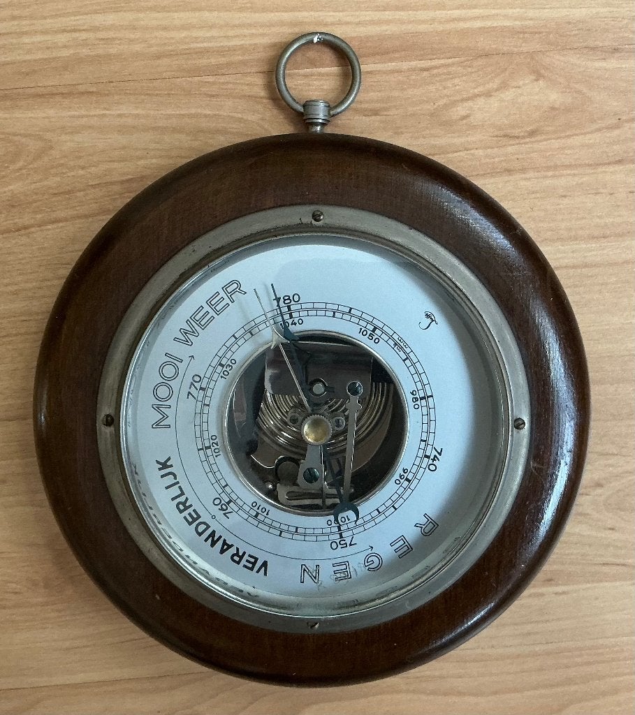 Barometer, rond, mahonie houten rand 1930-1949, Ophalen of Verzenden, Gebruikt, Barometer