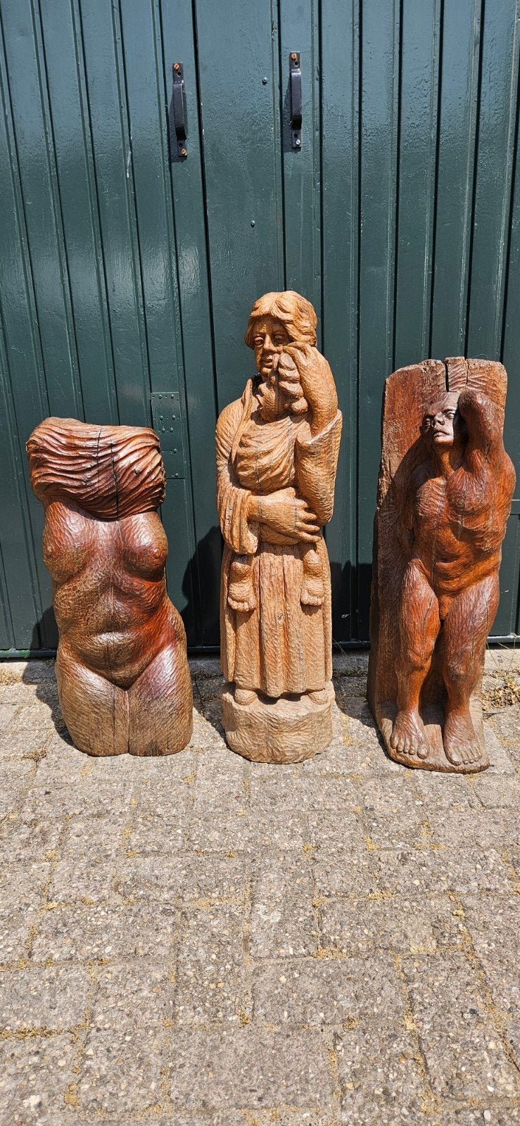Drie mooie houten beelden gemaakt door E  van Rooy kunstenaa, Ophalen