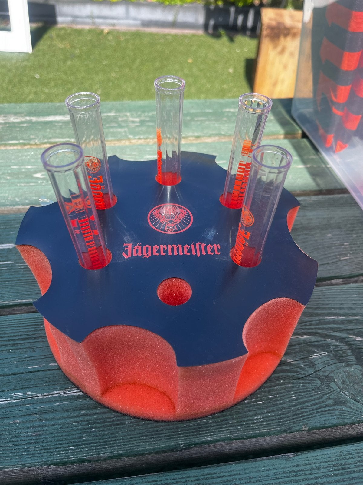 Jägermeister, shots,, 25 shotbuisjes + houder. 30€ mancave, Ophalen of Verzenden, Gebruikt, Meerkleurig, Kunststof