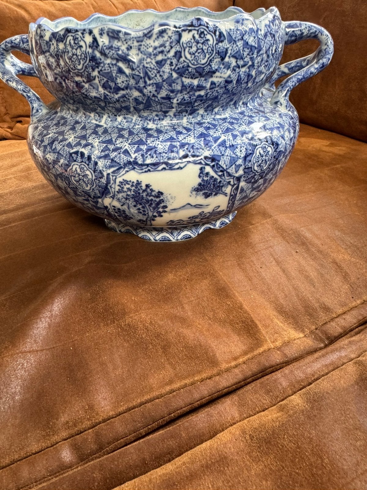 Antieke / Vintage Blauw-Witte Porseleinen Bloempot Cache-pot, Rond, Ophalen of Verzenden, Aardewerk, Minder dan 40 cm