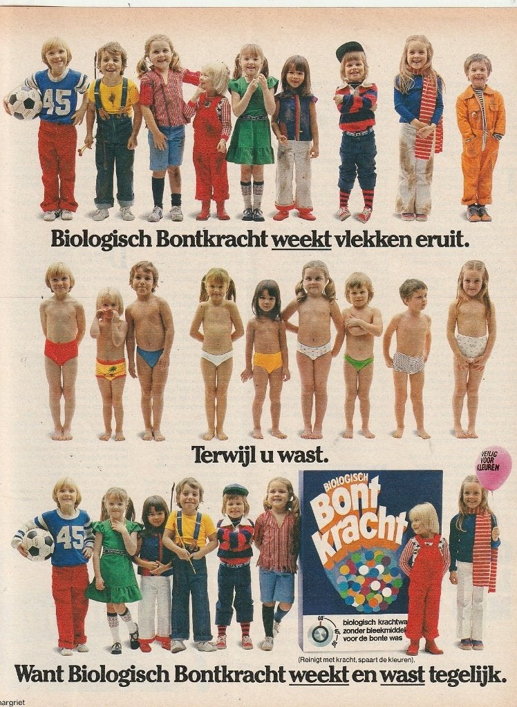 Retro reclame 1974 Bontkracht wasmiddel kindertjes ondergoed, Verzenden, Overige typen