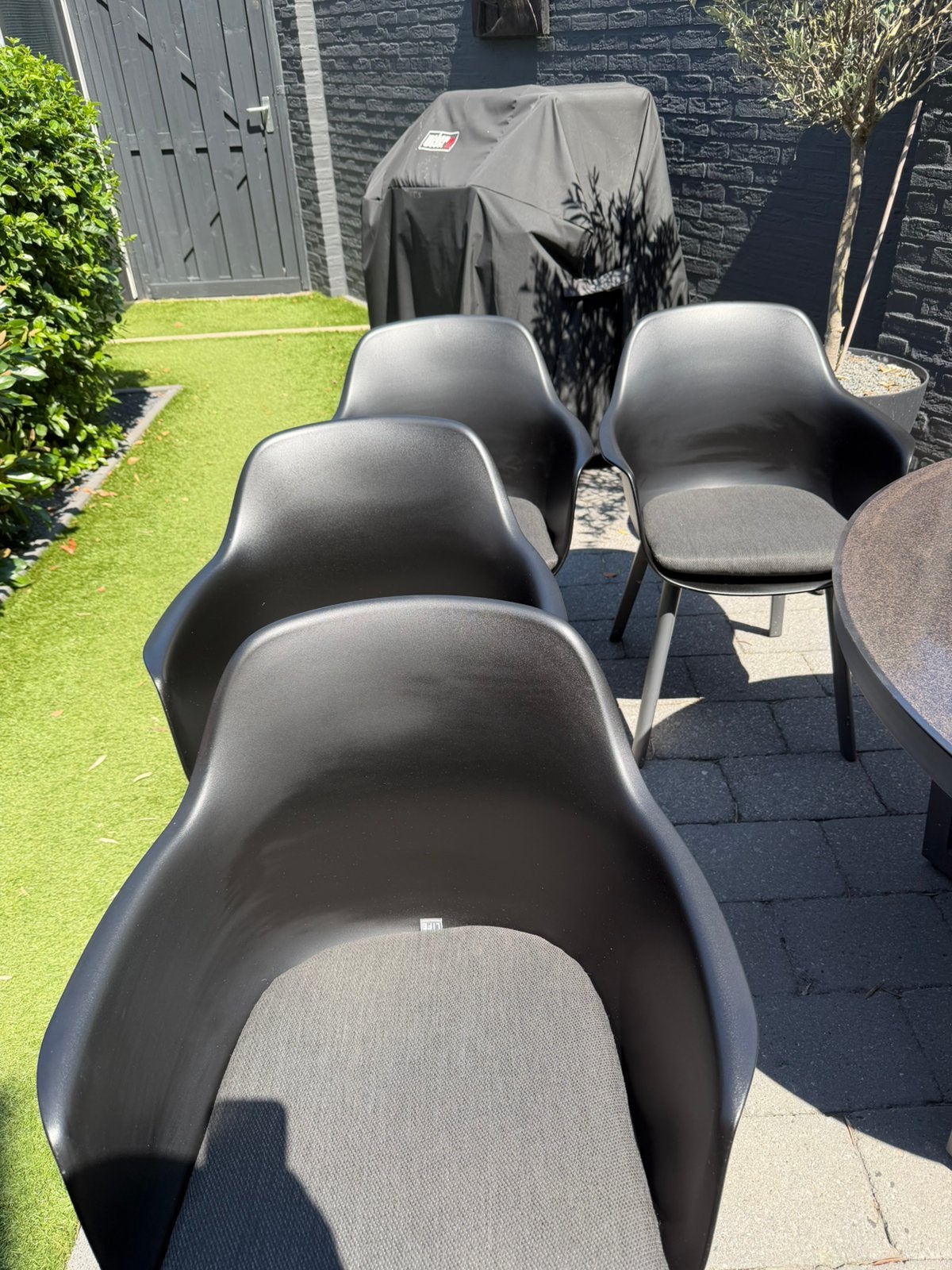 4x nette gebruikte kuip tuinstoelen type Denver + zit kussen, Ophalen, Gebruikt, Kunststof