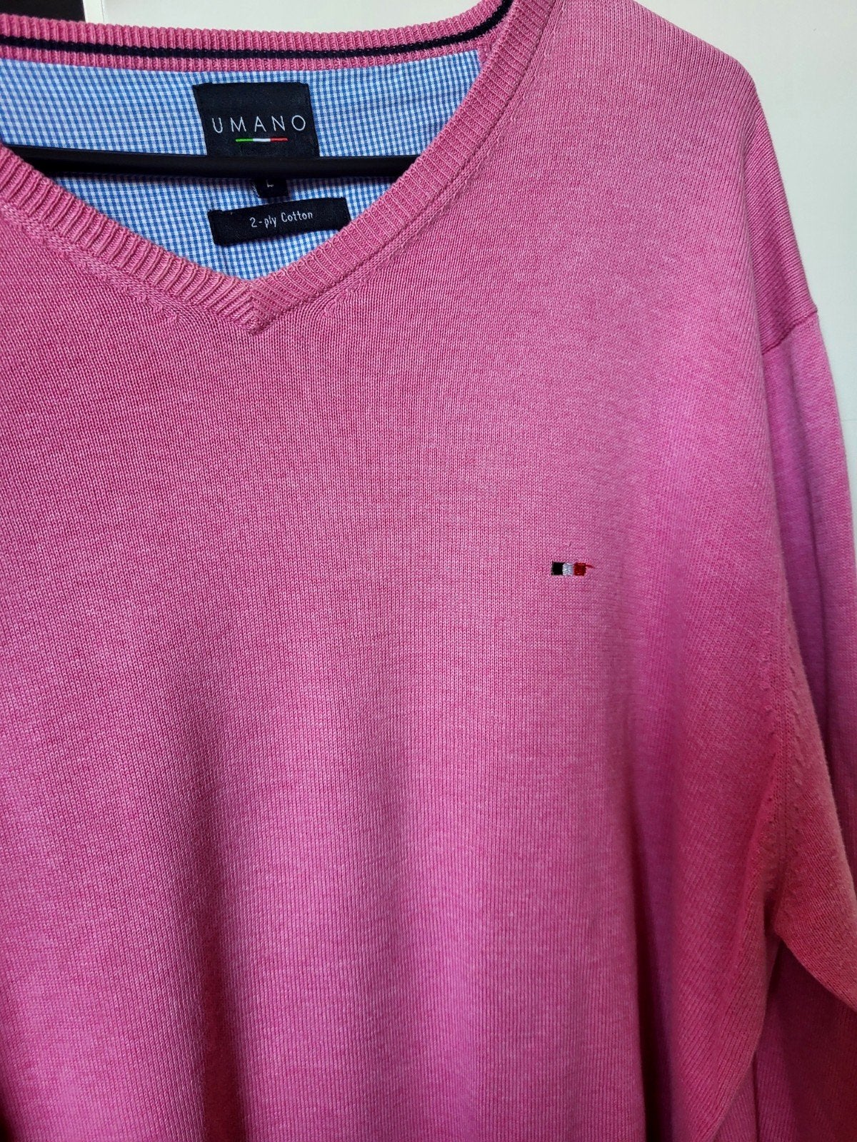 Mooie roze Umano V-hals trui (100% Katoen) – Maat L, Ophalen of Verzenden, Zo goed als nieuw, Maat 52/54 (L), Roze