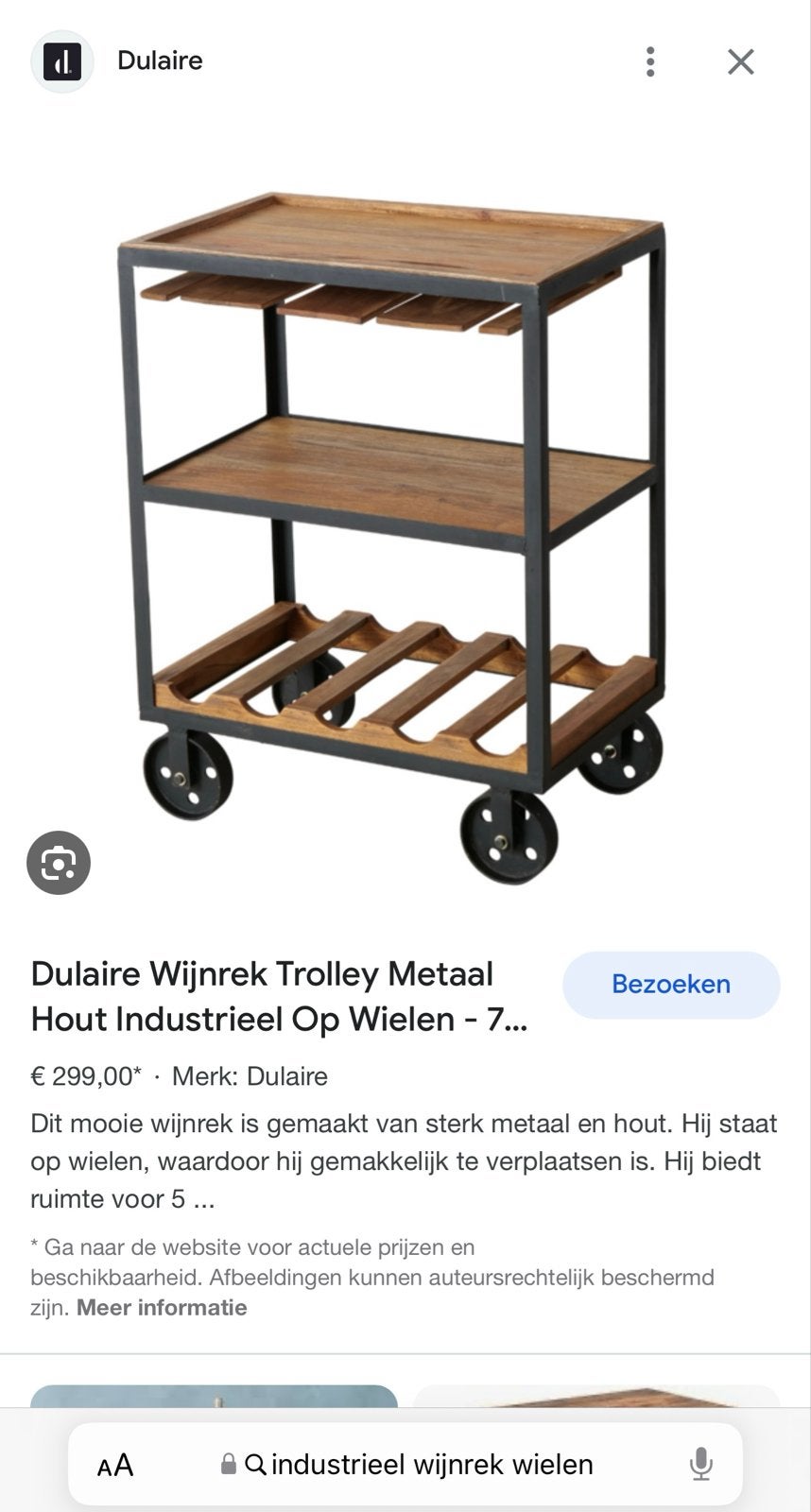Industrieel Wijnrek Trolley Metaal Hout Op Wielen, 5 tot 15 flessen, Nieuw, Ophalen of Verzenden, Metaal