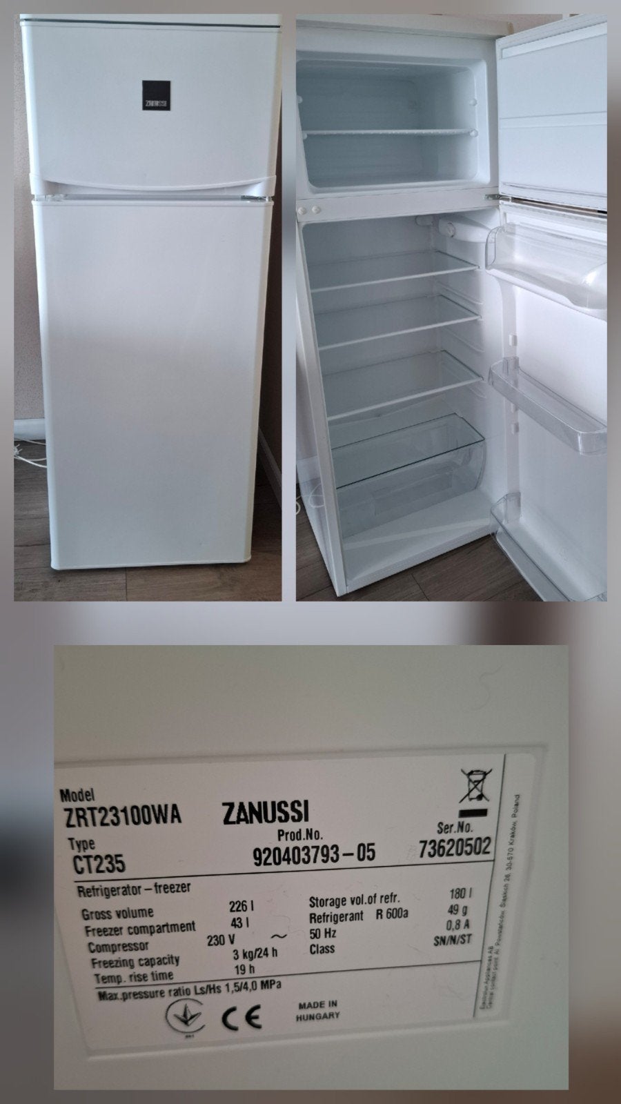 Zanussi ijskast met bovenvriezer en diepvries met 3 lades, Witgoed en Apparatuur, Koelkasten en IJskasten, Ophalen, Met vriesvak