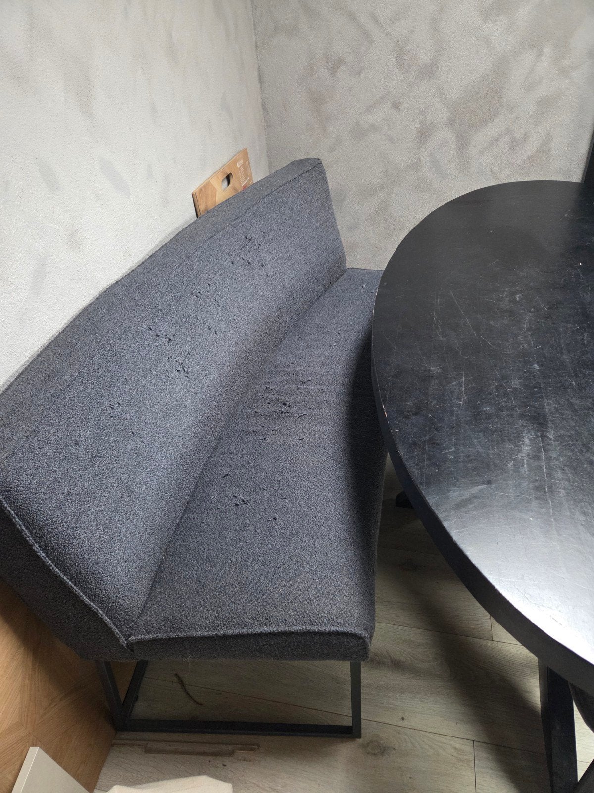 Blauwe ovale eetkamerbank 160 cm - stof beschadigd, Ophalen, Gebruikt, Stof, 150 tot 200 cm