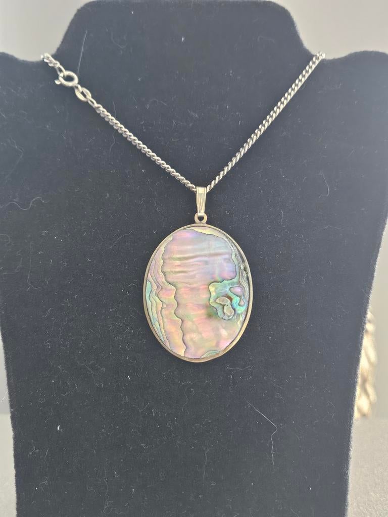 Zilveren ketting met abalone hanger - 42 cm, Ophalen of Verzenden, Zo goed als nieuw, Zilver, Zilver