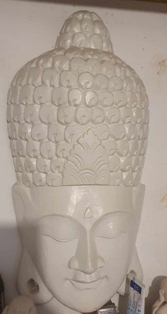 buddha hoofd voor aan de muur van hout, Ophalen, Hout, Houtsnijwerk, 50 cm