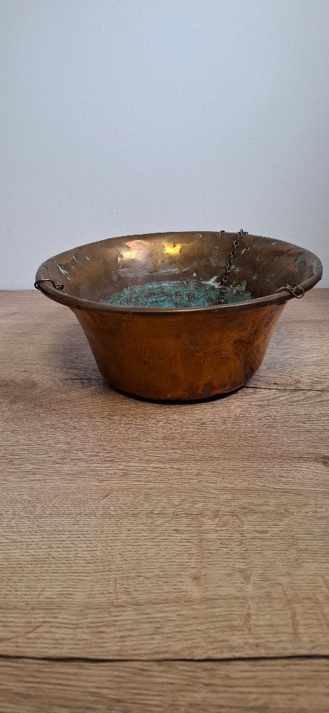 Antieke Geelkoperen / Messing Hangbloempot met Ketting, Ophalen of Verzenden, Koper