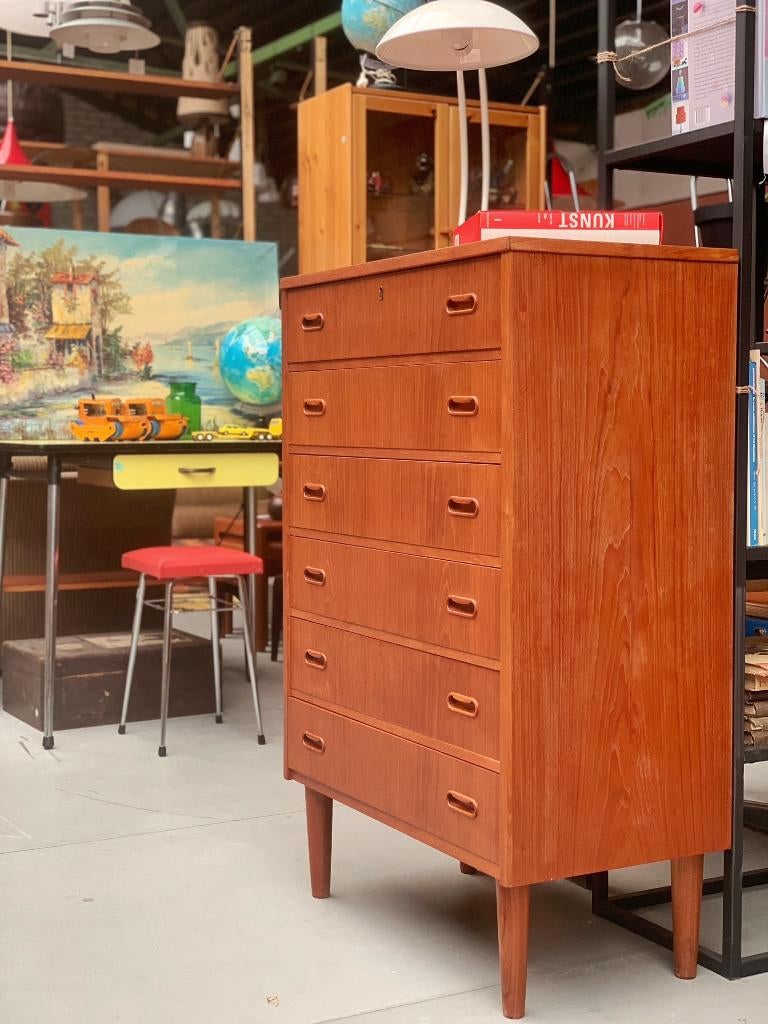 Vintage ladekast met 6 lades teakhout - retro kast, Ophalen, Gebruikt, 5 laden of meer, 100 tot 150 cm
