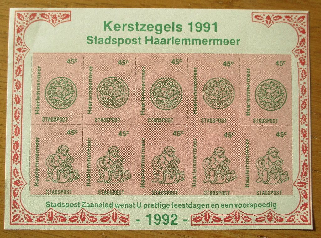 Stadspost Haarlemmermeer, velletje Kerstzegels 1991, Postzegels en Munten, Ophalen of Verzenden, Na 1940, Postfris