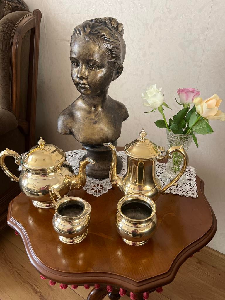 Verzilverde Koperen Koffie- en Theeset - Klassiek, Antiek en Kunst, Antiek | Goud en Zilver, Ophalen of Verzenden, Zilver