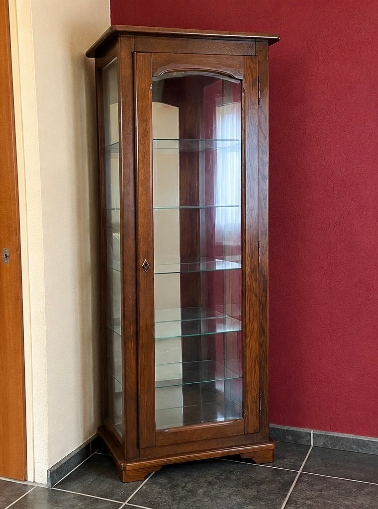 Eikenhouten Vitrinekast met 4 Glazen Planken, Ophalen, Eikenhout, 50 tot 100 cm, Zo goed als nieuw