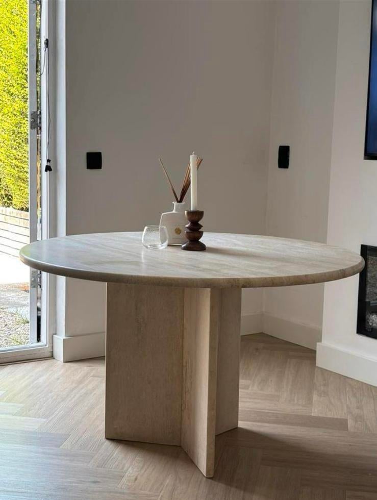 Vintage Travertin Eettafel - 120 cm diameter, 3 cm dik, Huis en Inrichting, Complete inboedels, Ophalen