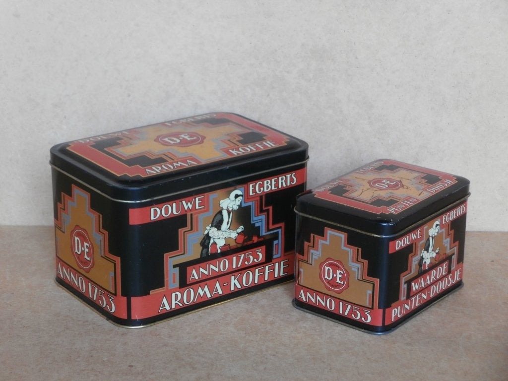 D E Aroma Anno 1753 koffieblik & Waarde puntendoosje blikjes, Ophalen of Verzenden, Gebruikt, Koffie, Douwe Egberts