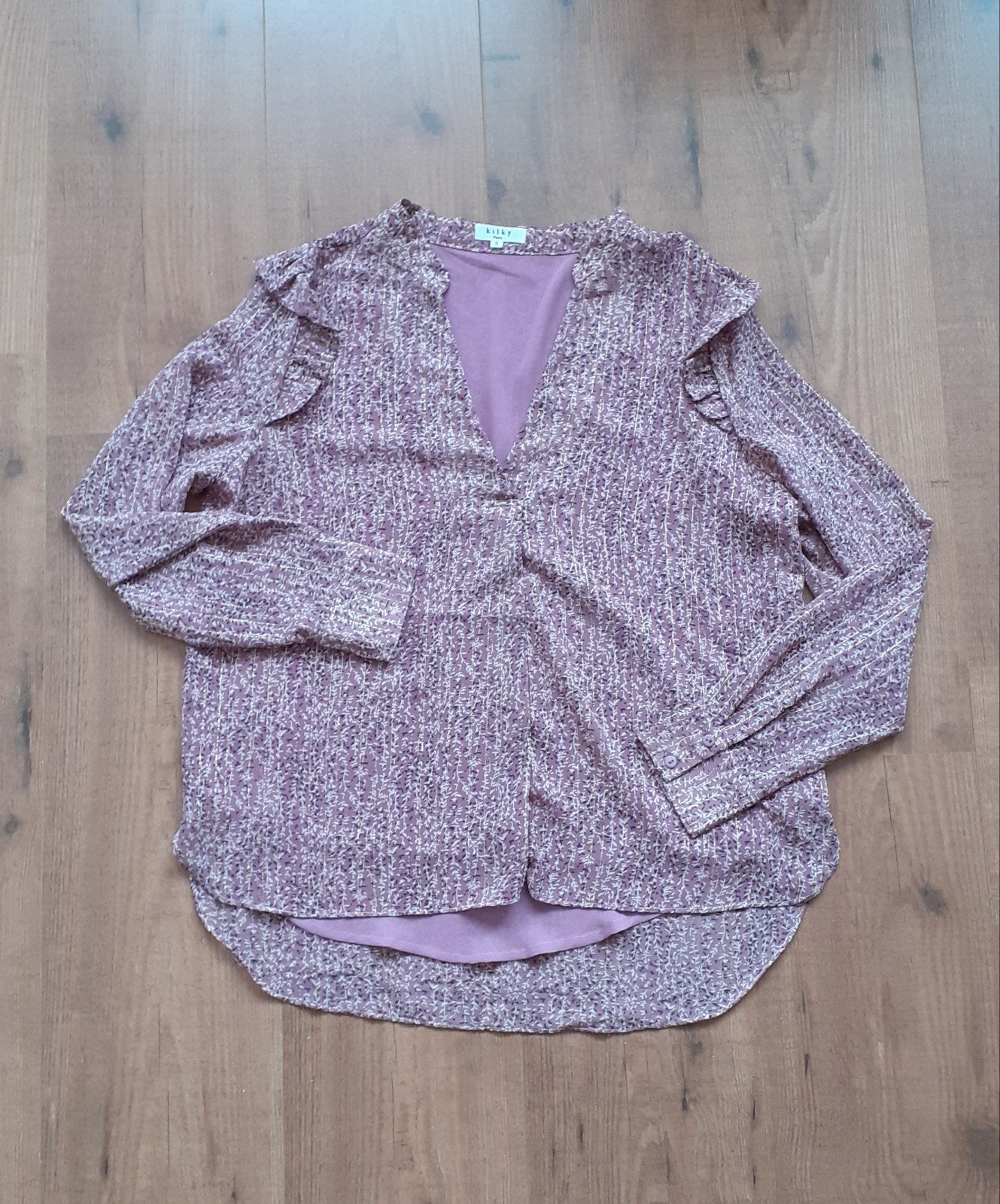 Kilky Paris blouse met bloemenprint en ruches, Maat 38/40 (M), Paars, Ophalen of Verzenden, Zo goed als nieuw
