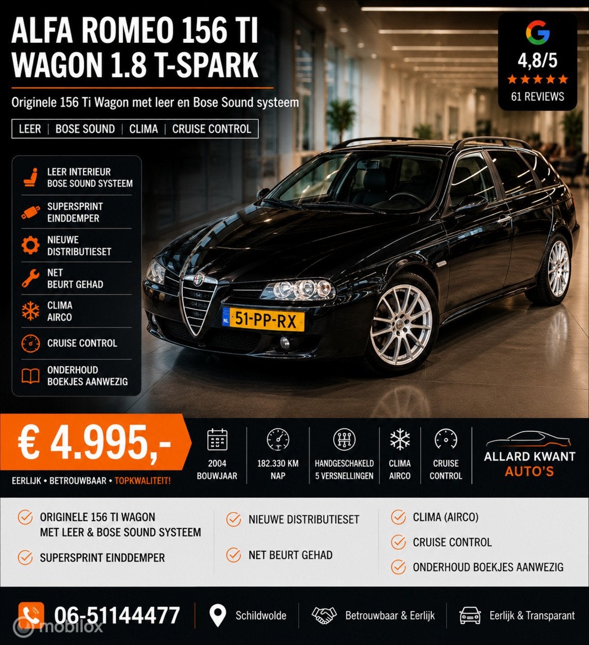 Alfa Romeo 156 Ti Wagon 1.8 T-Spark Distinctive (140pk), Auto's, Voorwielaandrijving, Gebruikt, 4 cilinders, 1290 kg