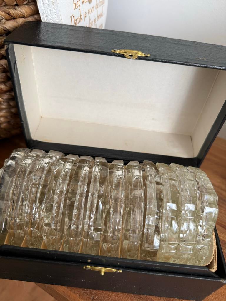 Set van 12 brocante glazen onderzetters in doos, Antiek en Kunst, Curiosa en Brocante, Ophalen of Verzenden