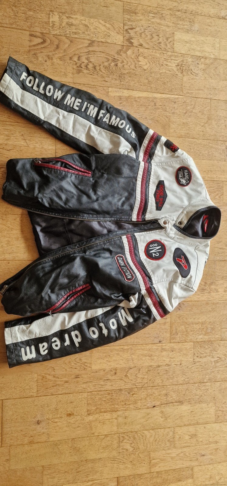 Vintage Motorjas van Echt Leer - Zwart/Wit met Patches, Motoren, Kleding | Motorkleding, Ophalen of Verzenden