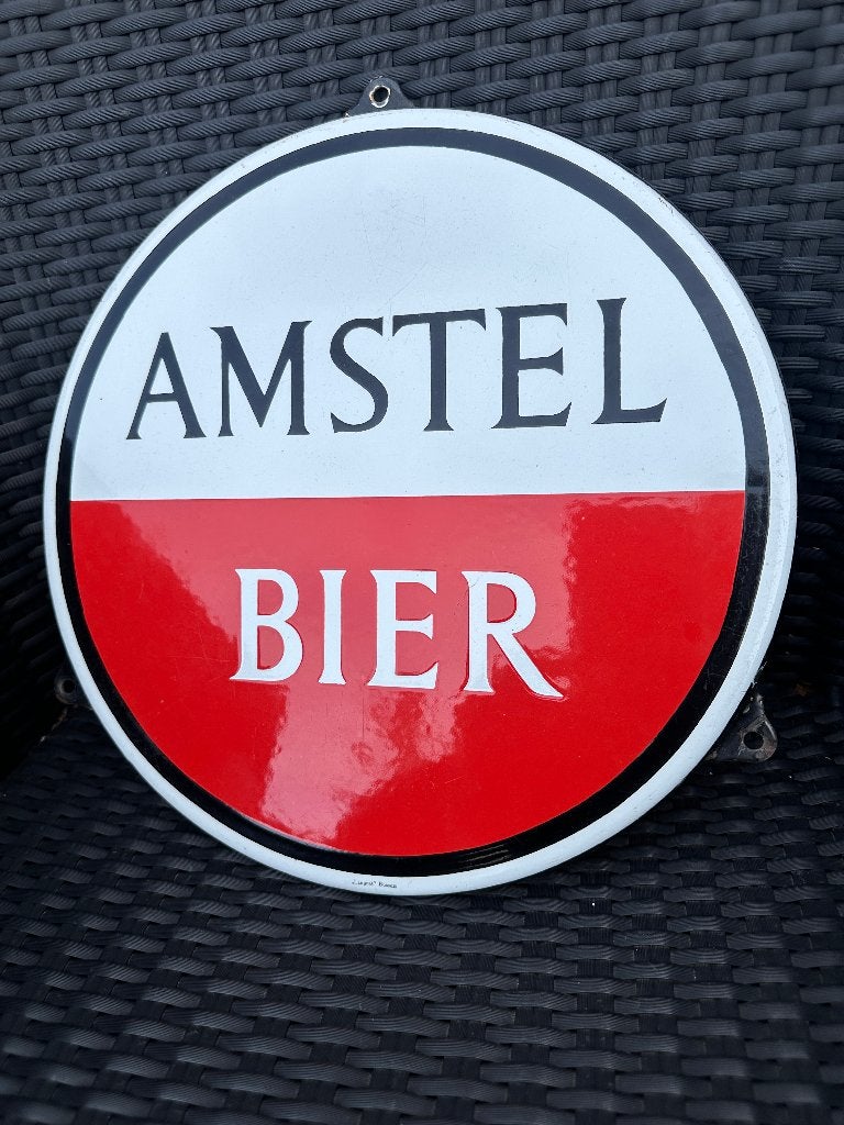Fraai oud emaille AMSTEL BIER bord. Langcat Bussum., Verzamelen, Merken en Reclamevoorwerpen, Ophalen of Verzenden, Gebruikt, Reclamebord