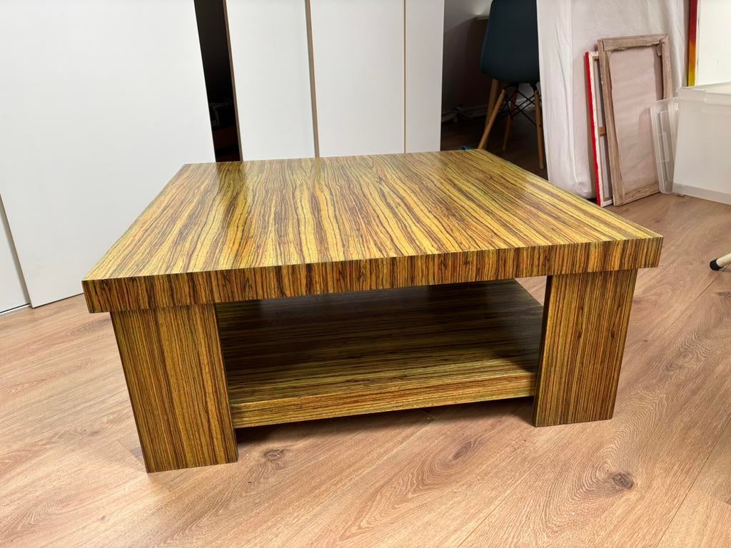 Vierkante houten salontafel: zebrano hout, Ophalen, Gebruikt, 50 tot 100 cm, Vierkant
