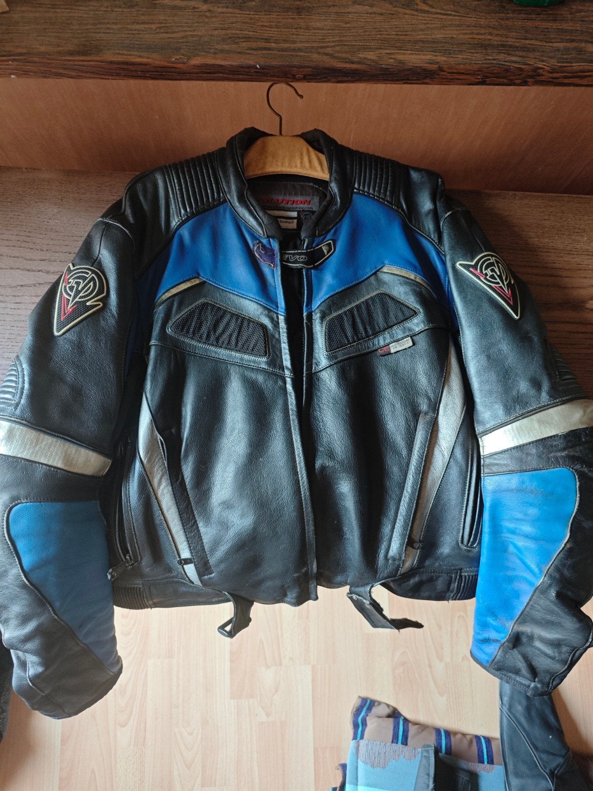 Leren motorjas zwart/blauw - Maat L, Motoren, Kleding | Motorkleding, Ophalen, Jas | leer, Tweedehands, Heren