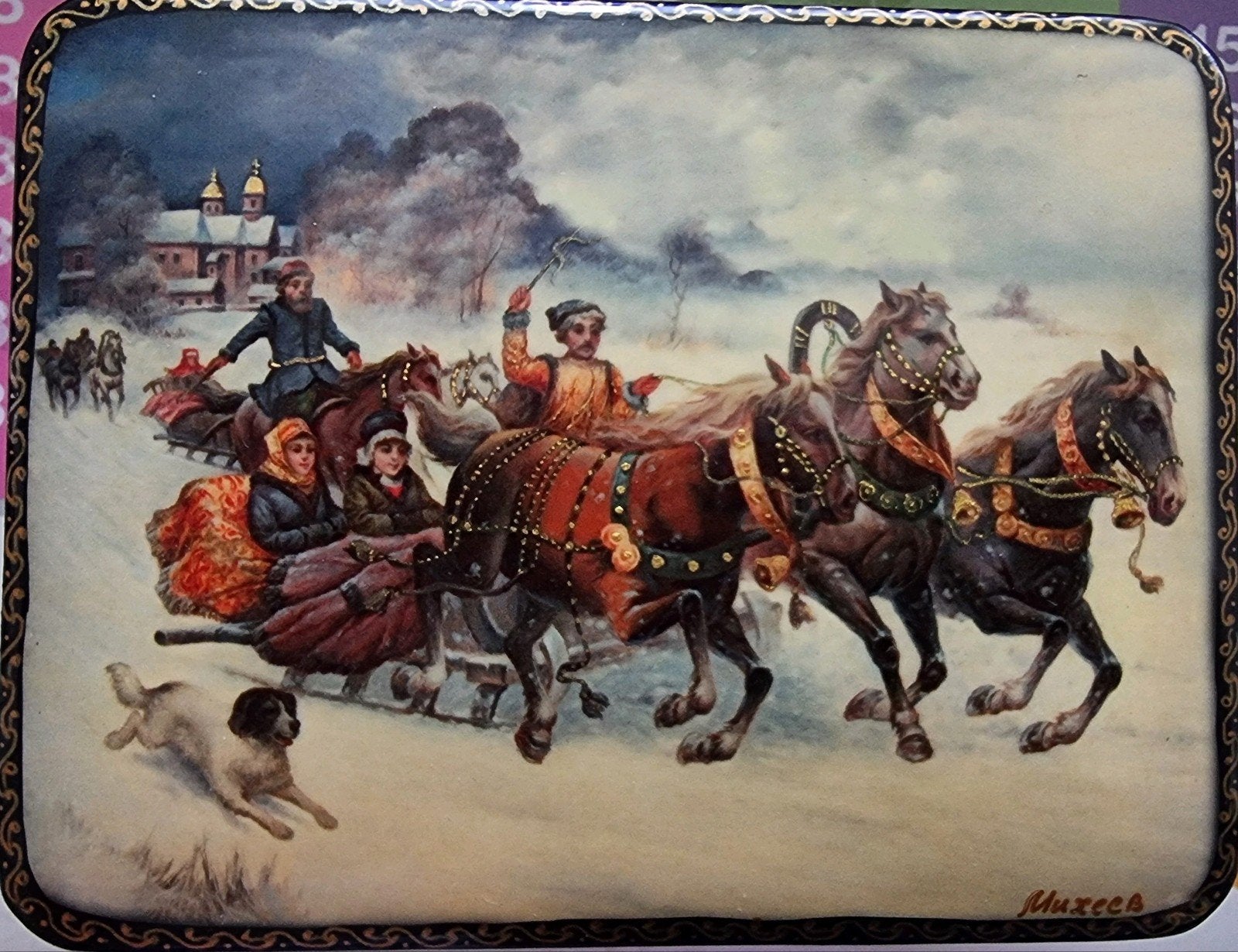 Antieke Russische Lakdoos met Wintertafereel, Ophalen of Verzenden