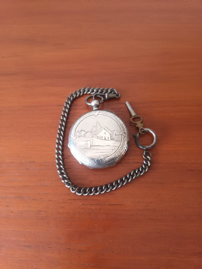 Zakhorloge zeer oud/ zilver/ met ketting, Overige merken, Zakhorloge, Gebruikt, Overige materialen