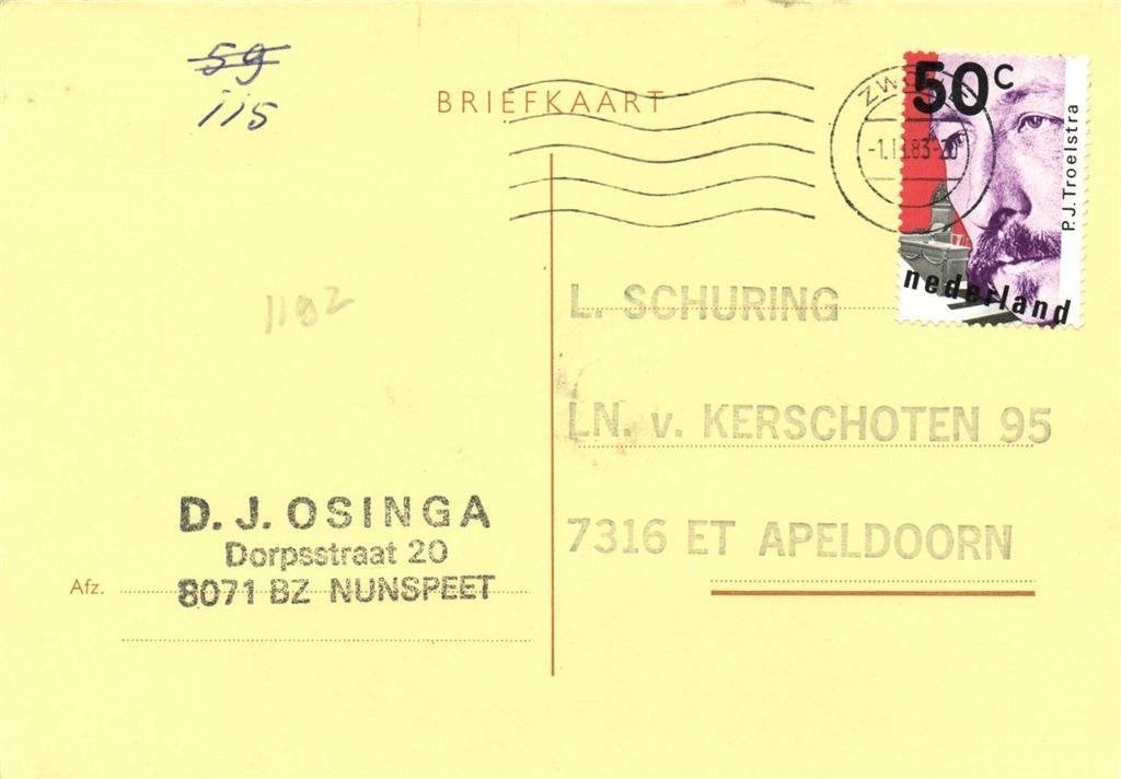D.J. Osinga, Nunspeet - 02.1983 - briefkaart, Ophalen of Verzenden, Briefkaart