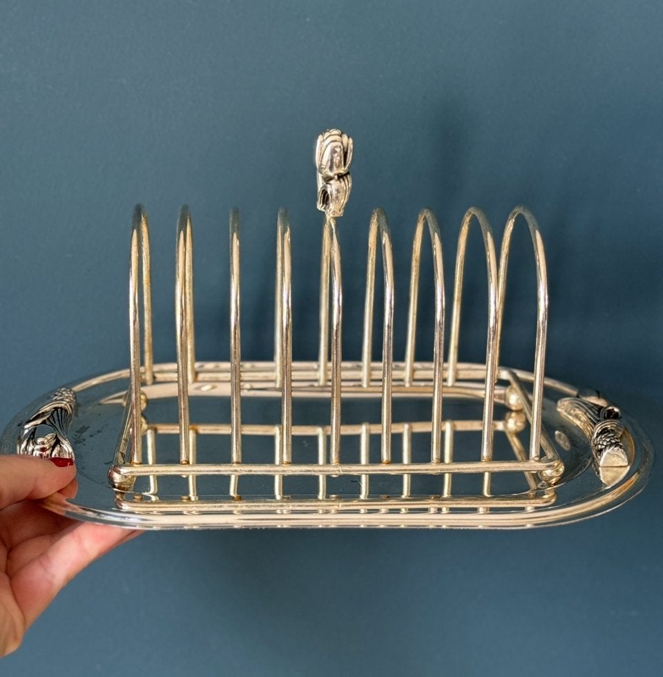 Vintage verzilverde set toast rek, onderbord en botermes, Ophalen of Verzenden, Zo goed als nieuw, Overige materialen, Overige stijlen
