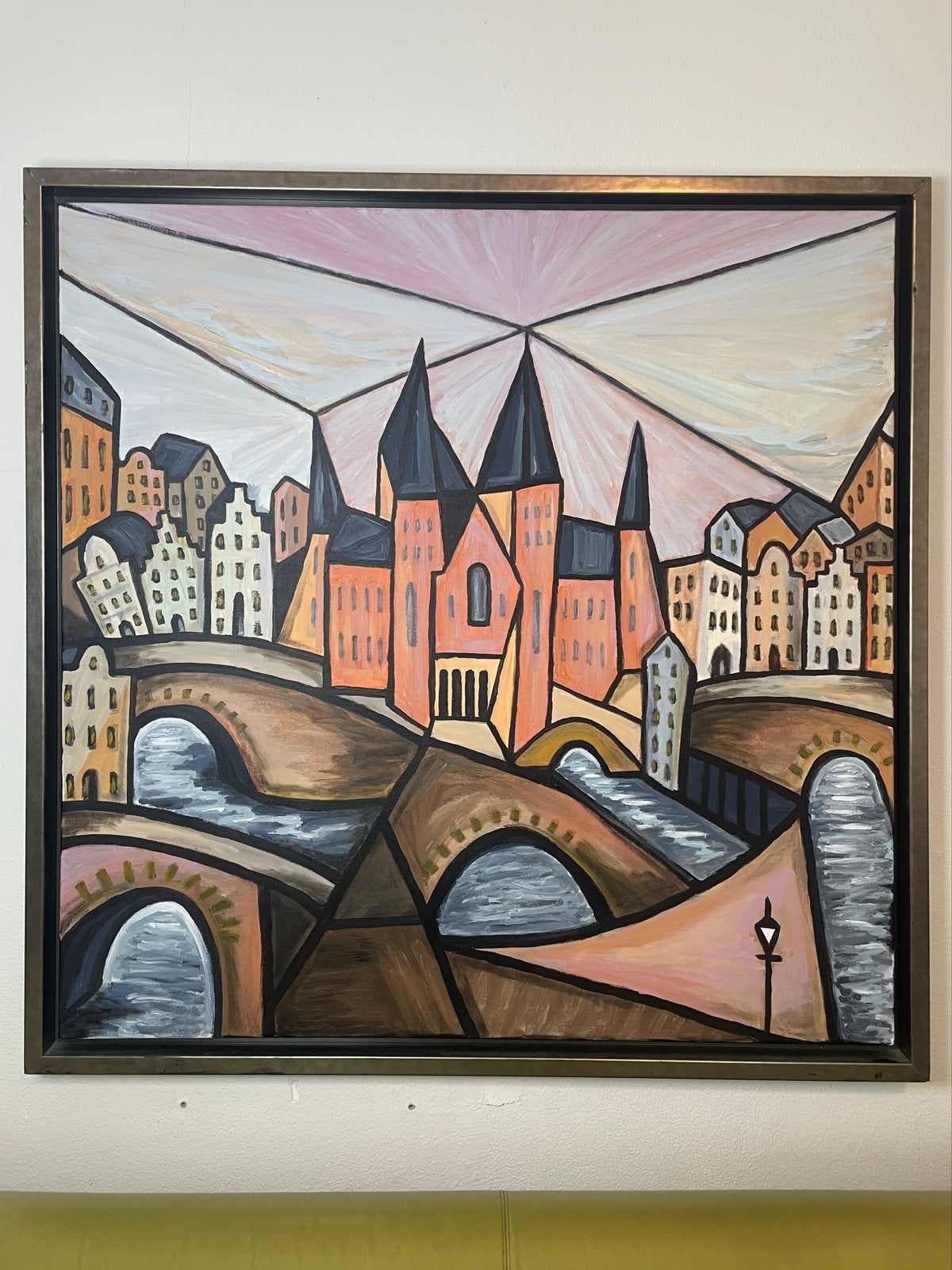 Schilderij Amsterdam - Picasso-stijl  100x100cm, Antiek en Kunst, Ophalen, Ingelijst, Olieverf, Stadsgezicht