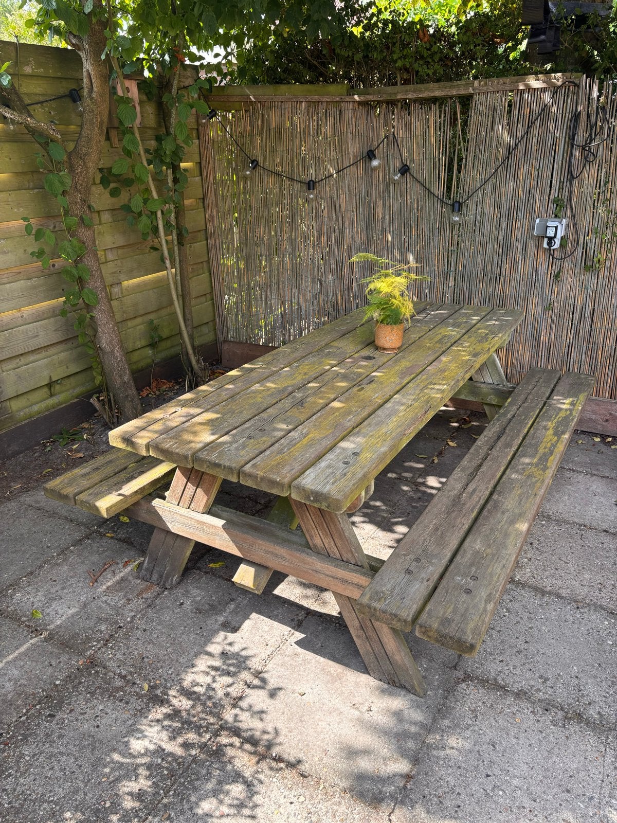 Robuuste picknicktafel - 197 cm lang, opknapbeurt nodig, Tuin en Terras, Picknicktafels, Ophalen, Gebruikt, Rechthoekig, Hout