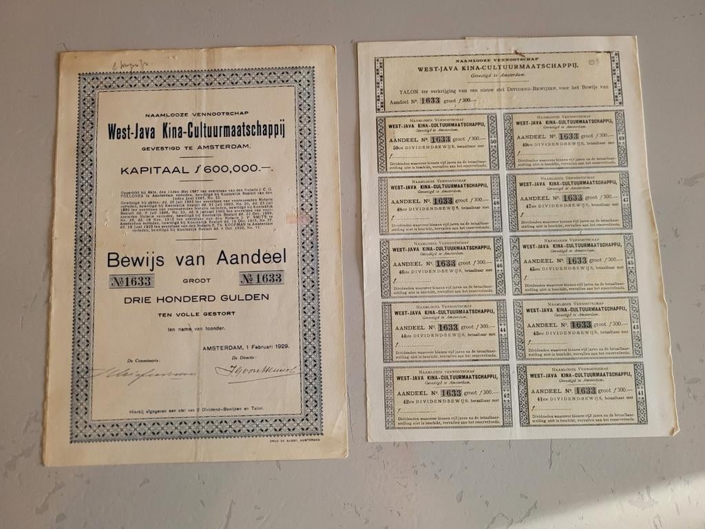 Aandeel West--Java Kina-Cultuurmaatschappij 1929, Postzegels en Munten, Aandelen en Waardepapieren, Ophalen of Verzenden, 1920 tot 1950