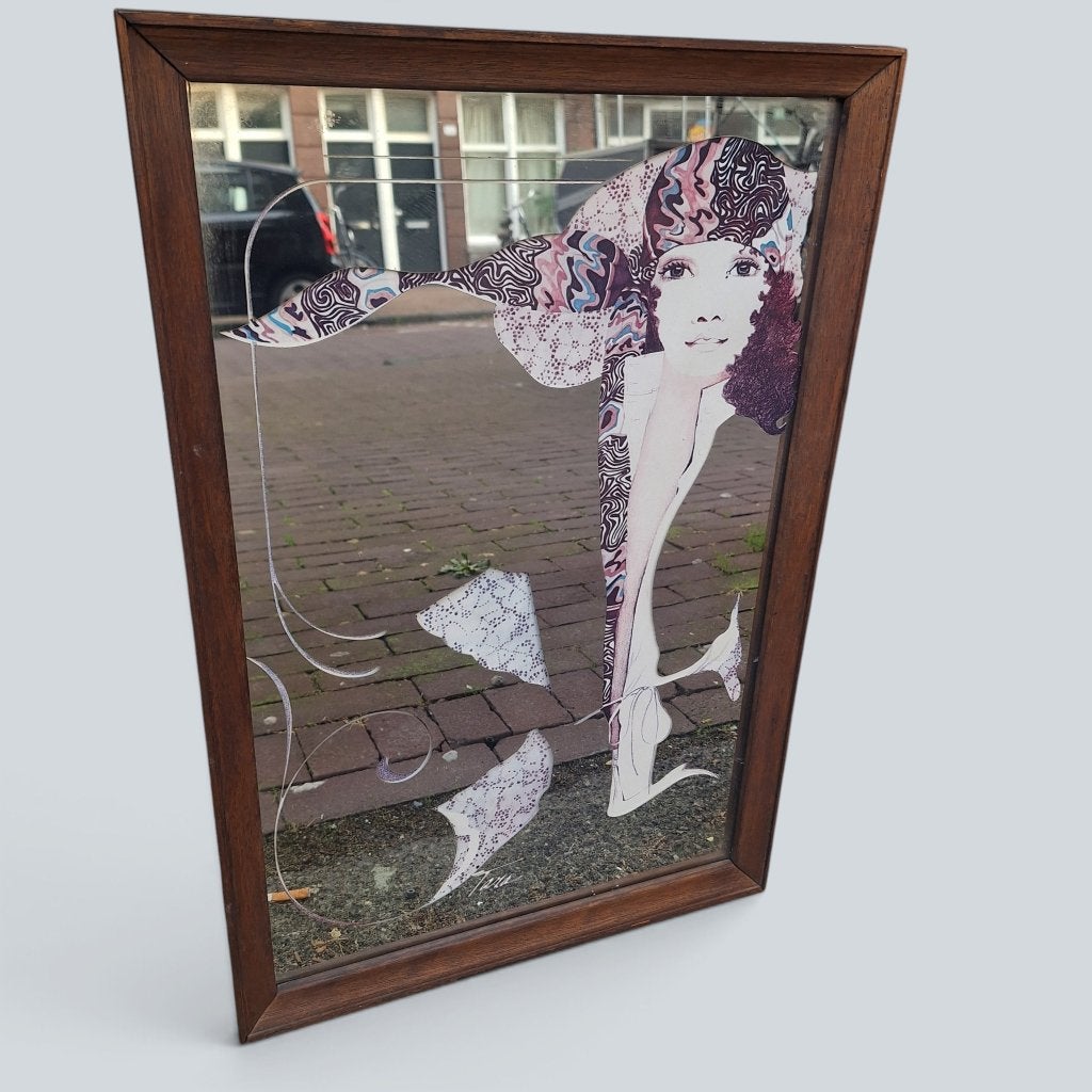 Vintage spiegel met art deco illustratie van William W. Tara, Ophalen, Rechthoekig, Minder dan 50 cm, Minder dan 100 cm