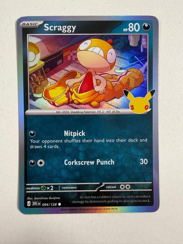 094/128 Scraggy 30th Celebration Pokemon Kaart, Ophalen of Verzenden, Nieuw, Losse kaart