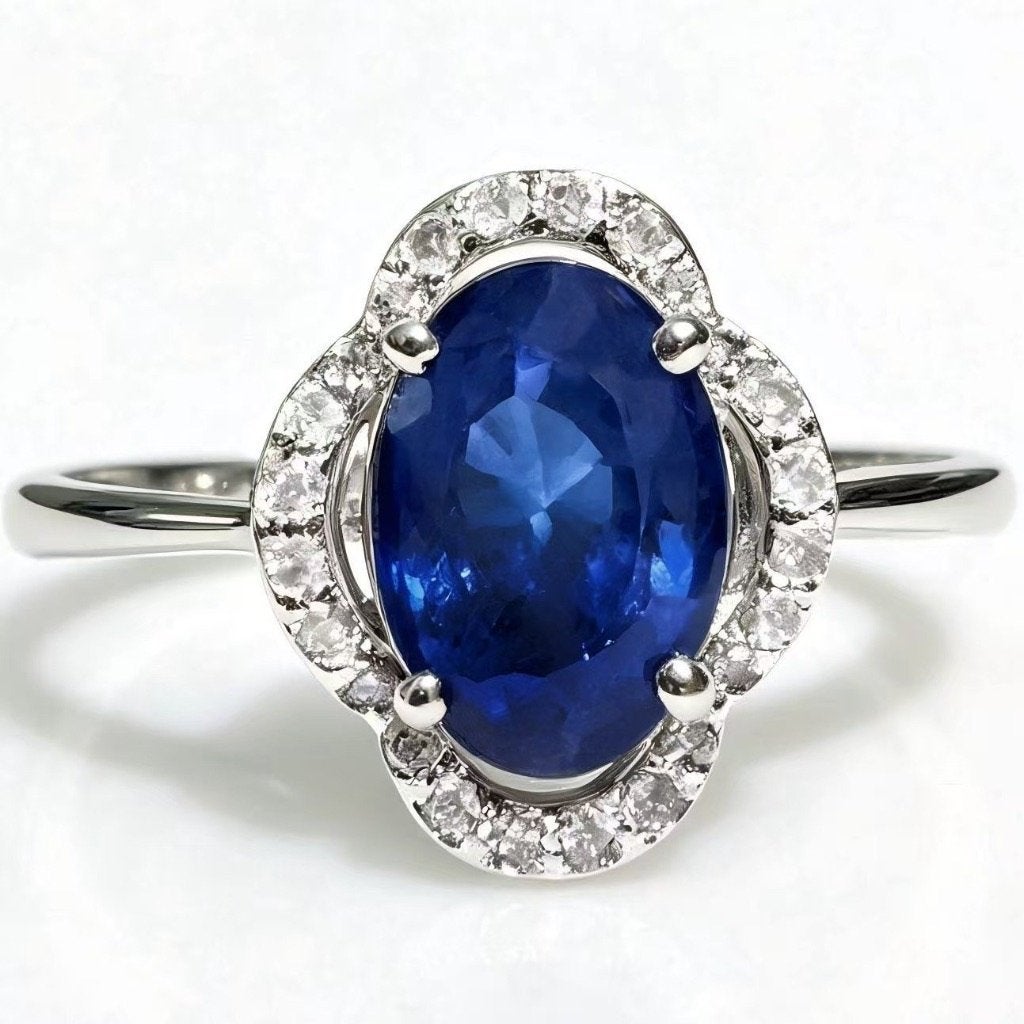 14K witgouden ring met natuurlijke blauwe saffier en diamant, Overige materialen, Ophalen of Verzenden, Zo goed als nieuw, Met edelsteen