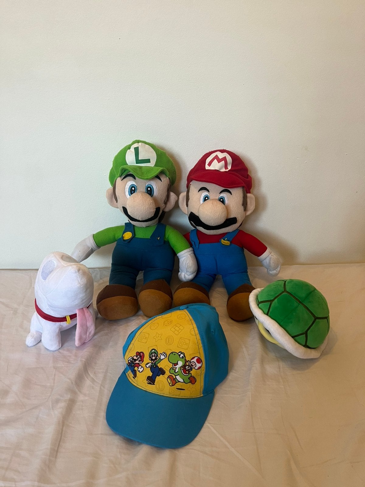 Mario, Luigi, Polterpup en Green Shell knuffels + 1 pet, Ophalen of Verzenden, Zo goed als nieuw